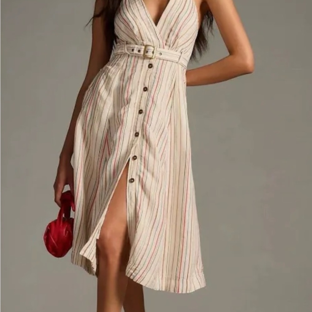 Maeve belted v neck button front dress. Anthropologie